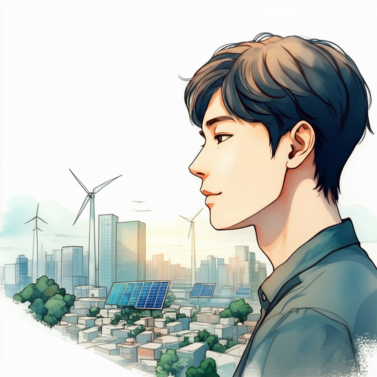 스튜디오 지브리 스타일의 감성적인 수채화 일러스트레이션. 부드러운 파스텔 톤과 따뜻한 조명. 밝은 표정의 젊은 한국인 남성이 미래의 삶을 계획하듯 곰곰이 생각하며, 그의 주변에는 스마트 시티, 친환경 에너지 등 미래 사회를 상징하는 요소들이 은은하게 그려진 모습. 클로즈업 또는 상반신 샷. 부드럽게 번지거나 흐릿하게 처리된 미래 도시 풍경 또는 상상 속 공간 배경. 이미지 안에 글자, 숫자, 로고, 기호 등 어떤 텍스트도 포함하지 마.