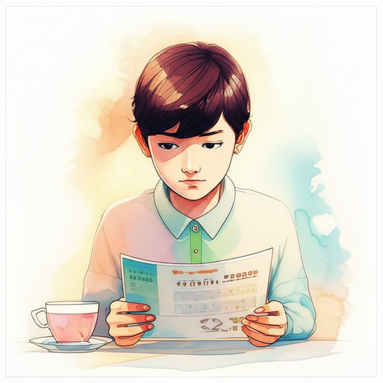 Emotional watercolor illustration in the style of Studio Ghibli. A close-up shot of a young Korean person intently reading a pamphlet or brochure about welfare, with a determined yet slightly pensive expression. They are sitting at a small desk, perhaps with a cup of tea nearby, fully engrossed in understanding the information. Soft pastel color palette and warm lighting. softly blurred or bleeding watercolor background. text-free, no numbers, no letters, no logos, no symbols, no text-like elements, and no text-like elements.