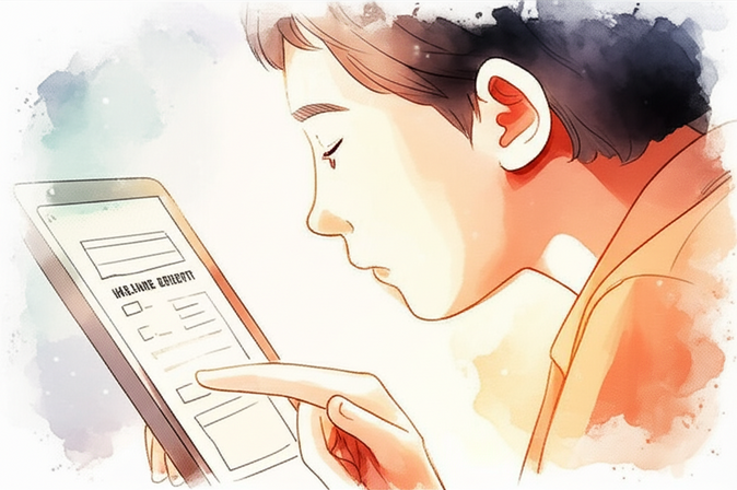 Emotional watercolor illustration in the style of Studio Ghibli. A close-up shot of a young Korean person engaging with a tablet or computer, filling out an online form for welfare benefits, with a focused and slightly relieved expression. Their fingers are gently poised over the screen, indicating interaction. Soft pastel color palette and warm lighting. softly blurred or bleeding watercolor background. text-free, no numbers, no letters, no logos, no symbols, no text-like elements, and no text-like elements.