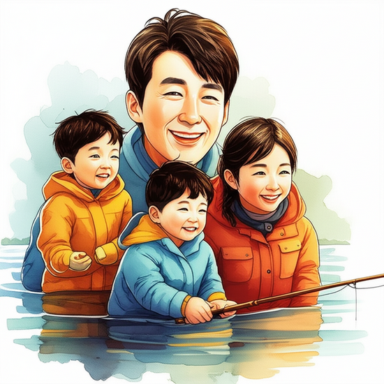 스튜디오 지브리 스타일의 감성적인 수채화 일러스트레이션. 부드러운 파스텔 톤과 따뜻한 조명. 얼어붙은 호수 위에서 가족과 함께 빙어 낚시를 즐기며 환하게 웃고 있는 사실적이면서 부드럽게 표현된 한국인 가족의 클로즈업 또는 상반신 샷. 주변은 부드럽게 번지거나 흐릿하게 처리된 수채화 배경. 이미지 안에 글자, 숫자, 로고, 기호 등 어떤 텍스트도 포함하지 마.