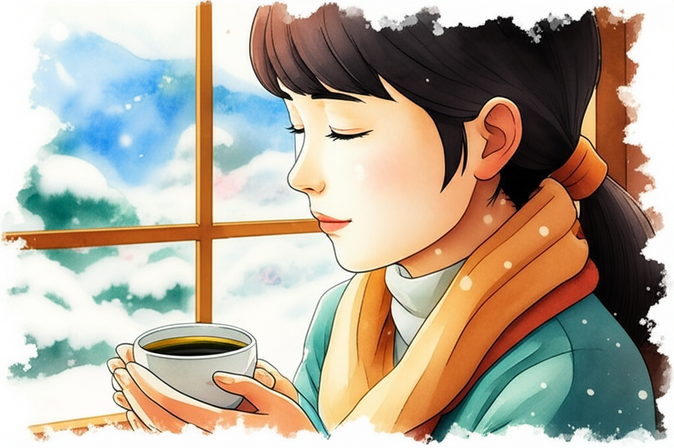 스튜디오 지브리 스타일의 감성적인 수채화 일러스트레이션. 부드러운 파스텔 톤과 따뜻한 조명 아래, 아늑한 통나무집 창가에 앉아 김이 모락모락 나는 차를 마시며 창밖의 눈 내리는 풍경을 바라보는 젊은 한국인 여성의 클로즈업 또는 상반신 샷. 따뜻하고 포근한 분위기가 느껴진다. 배경은 softly blurred or bleeding watercolor background 처리된 아늑한 실내와 설경. 이미지 안에 어떠한 글자, 숫자, 로고, 기호도 포함하지 않는다(text-free, no numbers, no letters, no logos, no symbols).