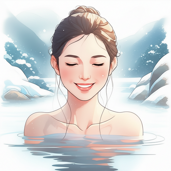 따뜻한 온천물에 몸을 담그고 있는 한국인 여성의 클로즈업 또는 상반신 샷. 얼굴에는 편안하고 행복한 미소가 가득하다. 주변에는 김이 모락모락 피어오르고, 배경은 부드럽게 번진 겨울 설경. 스튜디오 지브리 스타일의 감성적인 수채화 일러스트레이션, 부드러운 파스텔 톤과 따뜻한 조명, 사실적이면서 부드럽게 표현된 한국인, 부드럽게 번지거나 흐릿하게 처리된 배경, text-free, no numbers, no letters, no logos, no symbols.