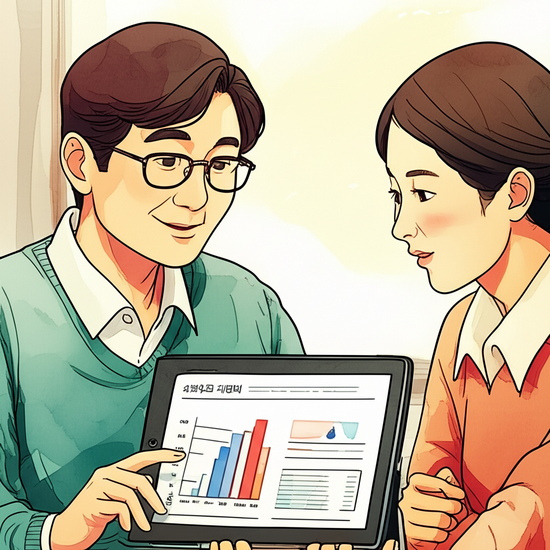 스튜디오 지브리 스타일의 감성적인 수채화 일러스트레이션, 부드러운 파스텔 톤과 따뜻한 조명, 사실적이면서 부드럽게 표현된 한국인, 부드럽게 번지거나 흐릿하게 처리된 수채화 배경으로 인물에 집중, 테이블에 놓인 태블릿 PC 화면에 복지 예산 그래프와 데이터를 보며 진지하게 대화하는 두 명의 시민 클로즈업 샷. 이미지 안에 글자, 텍스트, 단어, 문구, 기호, 로고, 손글씨, 낙서, 자막, 상표, 캘리그라피 등 글자와 관련된 어떤 것도 포함하지 마. 전혀 텍스트처럼 보이는 것도 금지야.