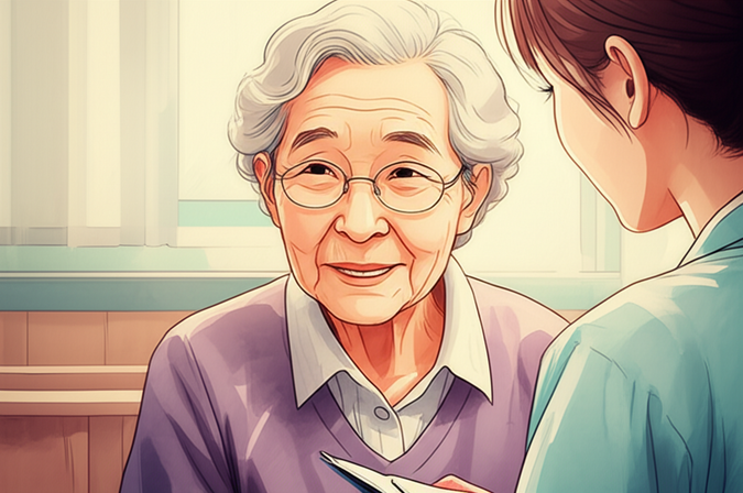 스튜디오 지브리 스타일의 감성적인 수채화 일러스트레이션, 부드러운 파스텔 톤과 따뜻한 조명, 사실적이면서 부드럽게 표현된 한국인, 부드럽게 번지거나 흐릿하게 처리된 수채화 배경으로 인물에 집중, 노인 복지관에서 건강 상담을 받는 어르신과 이를 경청하는 젊은 복지사의 클로즈업 샷. 이미지 안에 글자, 텍스트, 단어, 문구, 기호, 로고, 손글씨, 낙서, 자막, 상표, 캘리그라피 등 글자와 관련된 어떤 것도 포함하지 마. 전혀 텍스트처럼 보이는 것도 금지야.