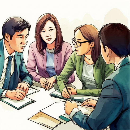 스튜디오 지브리 스타일의 감성적인 수채화 일러스트레이션, 부드러운 파스텔 톤과 따뜻한 조명, 사실적이면서 부드럽게 표현된 한국인, 부드럽게 번지거나 흐릿하게 처리된 수채화 배경으로 인물에 집중, 지역 커뮤니티 센터에서 시민들이 모여 복지 정책 관련 의견을 나누는 모습, 활기찬 토론 분위기. 이미지 안에 글자, 텍스트, 단어, 문구, 기호, 로고, 손글씨, 낙서, 자막, 상표, 캘리그라피 등 글자와 관련된 어떤 것도 포함하지 마. 전혀 텍스트처럼 보이는 것도 금지야.