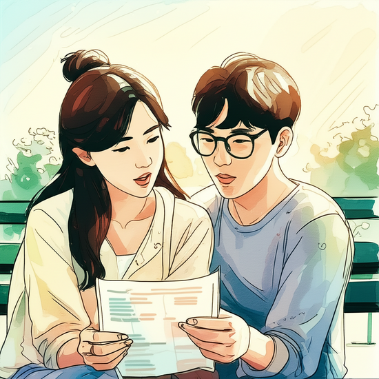 스튜디오 지브리 스타일의 감성적인 수채화 일러스트레이션. 부드러운 파스텔 톤과 따뜻한 조명으로 평화롭고 아련한 분위기 연출. 표에 정리된 복지 혜택 내용을 친구와 함께 이야기하며 비교해보는 두 명의 젊은 한국인의 클로즈업 또는 상반신 샷. 한 명은 진지하게 듣고 다른 한 명은 설명하는 모습. 배경은 부드럽게 번진 수채화 기법으로 표현된 공원 벤치나 카페 내부. 이미지 안에는 글자, 텍스트, 단어, 문구, 기호, 로고, 손글씨, 낙서, 자막, 상표, 캘리그라피 등 글자와 관련된 어떤 것도 포함하지 마. 전혀 텍스트처럼 보이는 것도 금지야.