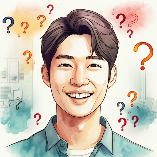 스튜디오 지브리 스타일의 감성적인 수채화 일러스트레이션. 부드러운 파스텔 톤과 따뜻한 조명으로 평화롭고 아련한 분위기 연출. 궁금증을 해소한 듯 밝게 웃으며 고개를 끄덕이는 젊은 한국인의 클로즈업 또는 상반신 샷. 그의 주변으로는 물음표와 느낌표가 수채화로 은은하게 번지는 듯한 효과. 배경은 부드럽게 번진 수채화 기법으로 표현된 상담 센터 또는 공공기관 내부. 이미지 안에는 글자, 텍스트, 단어, 문구, 기호, 로고, 손글씨, 낙서, 자막, 상표, 캘리그라피 등 글자와 관련된 어떤 것도 포함하지 마. 전혀 텍스트처럼 보이는 것도 금지야.