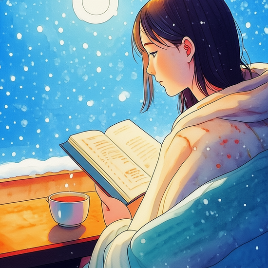 스튜디오 지브리 스타일의 감성적인 수채화 일러스트레이션. 부드러운 파스텔 톤과 따뜻한 조명 아래, 눈 내리는 창밖을 보며 편안하게 담요를 덮고 책을 읽고 있는 젊은 한국인 여성의 상반신 클로즈업. 따뜻한 차 한 잔이 옆에 놓여 있다. 배경은 아늑한 숙소 내부가 부드럽게 번지거나 흐릿하게 처리되어 있다. 이미지 안에 어떠한 글자, 숫자, 로고, 기호도 포함하지 마 (text-free, no numbers, no letters, no logos, no symbols).