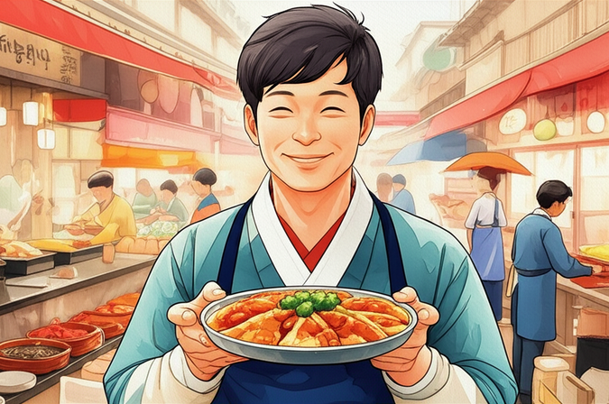 스튜디오 지브리 스타일의 감성적인 수채화 일러스트레이션. 부드러운 파스텔 톤과 따뜻한 조명 아래, 북적이는 전통 시장에서 김이 모락모락 나는 따뜻한 음식을 맛보며 즐거워하는 젊은 한국인 남성의 클로즈업. 주변 상인들과 활기찬 분위기가 부드럽게 번지거나 흐릿하게 처리된 배경으로 표현된다. 이미지 안에 어떠한 글자, 숫자, 로고, 기호도 포함하지 마 (text-free, no numbers, no letters, no logos, no symbols).
