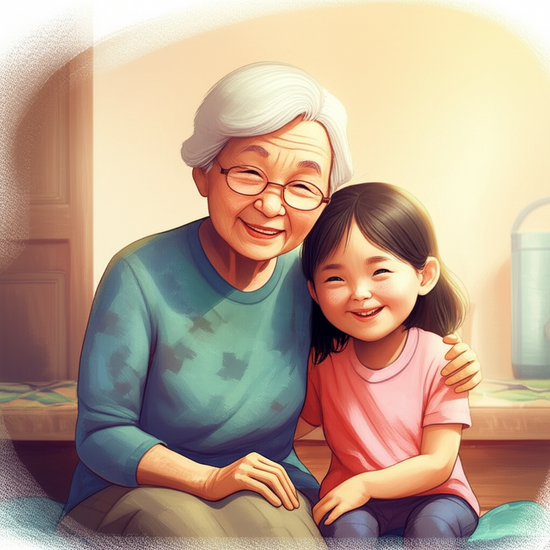 스튜디오 지브리 스타일의 감성적인 수채화 일러스트레이션. 부드러운 파스텔 톤과 따뜻한 조명. 평화로운 분위기. 따뜻한 거실에서 손녀와 함께 놀아주는 사실적이면서 부드럽게 표현된 한국인 할머니의 상반신 샷. 두 사람 모두 온화하게 미소 짓고 있다. 부드럽게 번지거나 흐릿하게 처리된 거실 배경. 이미지 안에 어떠한 글자, 숫자, 로고, 기호도 포함하지 않는다.