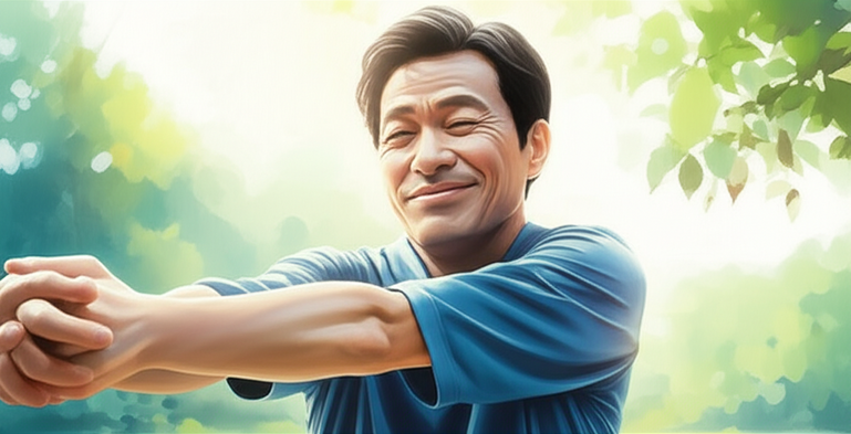 Studio Ghibli style emotional watercolor illustration. Soft pastel color palette and warm lighting. An upper-body shot of a realistic and softly rendered Korean man in his 50s, stretching gently in a sunlit park or by a window. He has a refreshed and energetic expression, with a faint glow around him, symbolizing renewed vitality. The background is a softly blurred watercolor of nature. text-free, no numbers, no letters, no logos, no symbols. 이미지 안에 글자, 텍스트, 단어, 문구, 기호, 로고, 손글씨, 낙서, 자막, 상표, 캘리그라피 등 글자와 관련된 어떤 것도 포함하지 마. 전혀 텍스트처럼 보이는 것도 금지야.