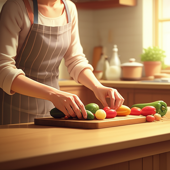 Studio Ghibli style emotional watercolor illustration. Soft pastel color palette and warm lighting. A close-up shot of a realistic and softly rendered Korean woman in her 30s, her hands gently arranging colorful fresh vegetables on a cutting board in a warm, cozy kitchen. Her face shows calm concentration and joy in preparing a healthy meal. The background is softly blurred with kitchen elements. text-free, no numbers, no letters, no logos, no symbols. 이미지 안에 글자, 텍스트, 단어, 문구, 기호, 로고, 손글씨, 낙서, 자막, 상표, 캘리그라피 등 글자와 관련된 어떤 것도 포함하지 마. 전혀 텍스트처럼 보이는 것도 금지야.