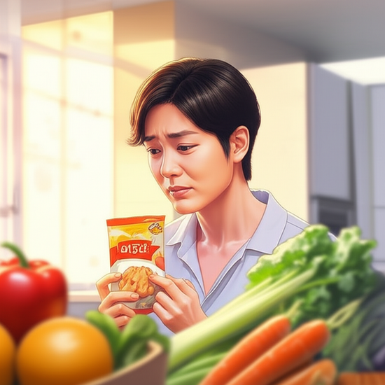 Studio Ghibli style emotional watercolor illustration. Soft pastel color palette and warm lighting. A close-up shot of a realistic and softly rendered Korean person in their 30s, standing in a brightly lit kitchen. They are gently holding a package of processed snacks, looking at it with a thoughtful, slightly regretful expression, as if realizing its past impact. Fresh fruits and vegetables are subtly blurred in the background. text-free, no numbers, no letters, no logos, no symbols. 이미지 안에 글자, 텍스트, 단어, 문구, 기호, 로고, 손글씨, 낙서, 자막, 상표, 캘리그라피 등 글자와 관련된 어떤 것도 포함하지 마. 전혀 텍스트처럼 보이는 것도 금지야.