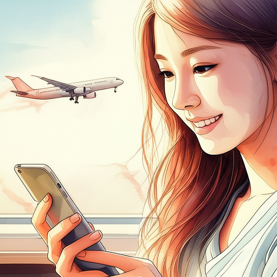 스튜디오 지브리 스타일의 감성적인 수채화 일러스트레이션으로, 부드러운 파스텔 톤과 따뜻한 조명을 사용하여 평화롭고 아련한 분위기를 연출해줘. 창가에 앉아 해외여행 정보를 스마트폰으로 찾아보며 밝게 미소 짓는 사실적이면서 부드럽게 표현된 한국인 여성의 클로즈업 또는 상반신 샷. 뒤로는 비행기가 뜨는 모습이 softly blurred or bleeding watercolor background로 은은하게 비친다. 이미지 안에 어떠한 글자, 숫자, 로고, 기호도 포함하지 마.
