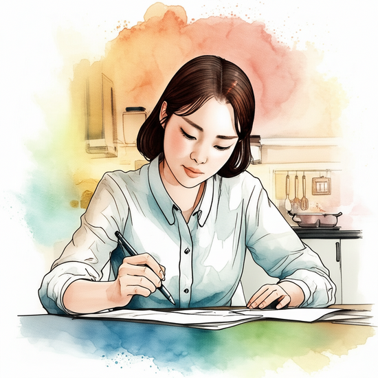 스튜디오 지브리 스타일의 감성적인 수채화 일러스트레이션으로, 부드러운 파스텔 톤과 따뜻한 조명을 사용하여 평화롭고 아련한 분위기를 연출해줘. 식탁에 앉아 종이와 펜으로 여행 예산을 꼼꼼하게 계산하며 사려 깊은 표정을 짓고 있는 사실적이면서 부드럽게 표현된 한국인 여성의 클로즈업 또는 상반신 샷. 배경은 softly blurred or bleeding watercolor background 처리된 따뜻한 주방. 이미지 안에 어떠한 글자, 숫자, 로고, 기호도 포함하지 마.