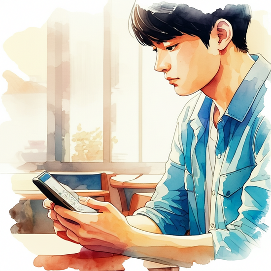 스튜디오 지브리 스타일의 감성적인 수채화 일러스트레이션으로, 부드러운 파스텔 톤과 따뜻한 조명을 사용하여 평화롭고 아련한 분위기를 연출해줘. 여행 경비를 줄이기 위해 스마트폰 앱으로 항공권과 숙소를 비교하며 꼼꼼히 체크하는 사실적이면서 부드럽게 표현된 한국인 남성의 클로즈업 또는 상반신 샷. 배경은 softly blurred or bleeding watercolor background 처리된 아늑한 카페. 이미지 안에 어떠한 글자, 숫자, 로고, 기호도 포함하지 마.