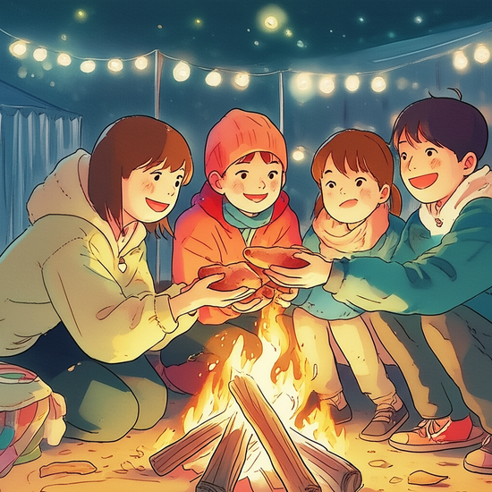 스튜디오 지브리 스타일의 감성적인 수채화 일러스트레이션, 부드러운 파스텔 톤과 따뜻한 조명. 따뜻한 군고구마를 나누어 먹는 한국인 친구들이 모닥불 옆에서 이야기를 나누는 클로즈업. 배경은 부드럽게 번진 겨울밤 축제 현장. 이미지 안에 어떠한 글자, 숫자, 로고, 기호도 포함하지 마 (text-free, no numbers, no letters, no logos, no symbols).