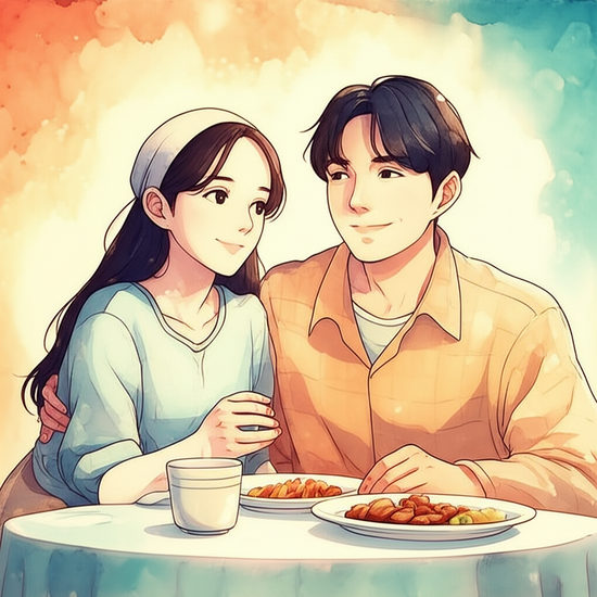 스튜디오 지브리 스타일의 감성적인 수채화 일러스트레이션. 부드러운 파스텔 톤과 따뜻한 조명 아래, 젊은 부부가 저녁 식탁에 앉아 미래 계획에 대해 이야기하며 서로를 다정하게 바라보고 있다. 그들의 모습은 클로즈업되어 있고, 배경은 부드럽게 번지는 수채화로 처리되어 인물에 집중된다. 이미지 안에 글자, 숫자, 로고, 기호, 텍스트 등 어떤 형태의 글자도 포함하지 마. (text-free)