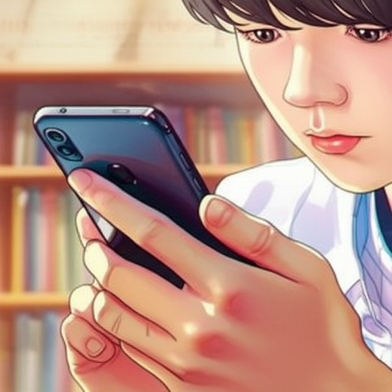 Emotional watercolor illustration in the style of Studio Ghibli. Soft pastel color palette and warm lighting. A close-up shot of a realistic and softly rendered Korean young person's hands holding a smartphone, actively searching for information, with a focused but optimistic expression. Softly blurred background of a cozy cafe or library. No text, no numbers, no letters, no logos, no symbols.