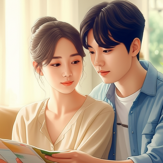 Emotional watercolor illustration in the style of Studio Ghibli. Soft pastel color palette and warm lighting. A realistic and softly rendered Korean young couple (20s-30s) is looking at a calendar or a small financial planner together, with expressions of mild understanding and planning. Softly blurred background of a brightly lit living room. No text, no numbers, no letters, no logos, no symbols.